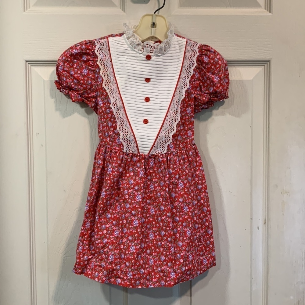 🎄 Special Occasions Vintage Lace Inset Tuxedo Top Red Floral Circle Dress size 4